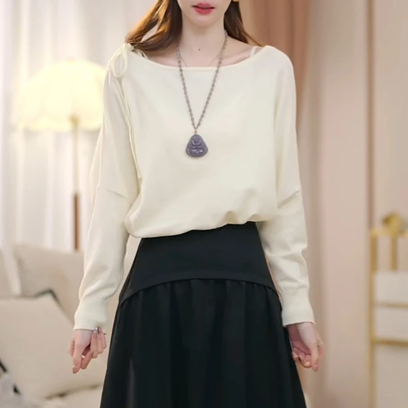 法式温柔风一字领长袖针织衫女2025春秋新款百搭宽松显瘦打底上衣