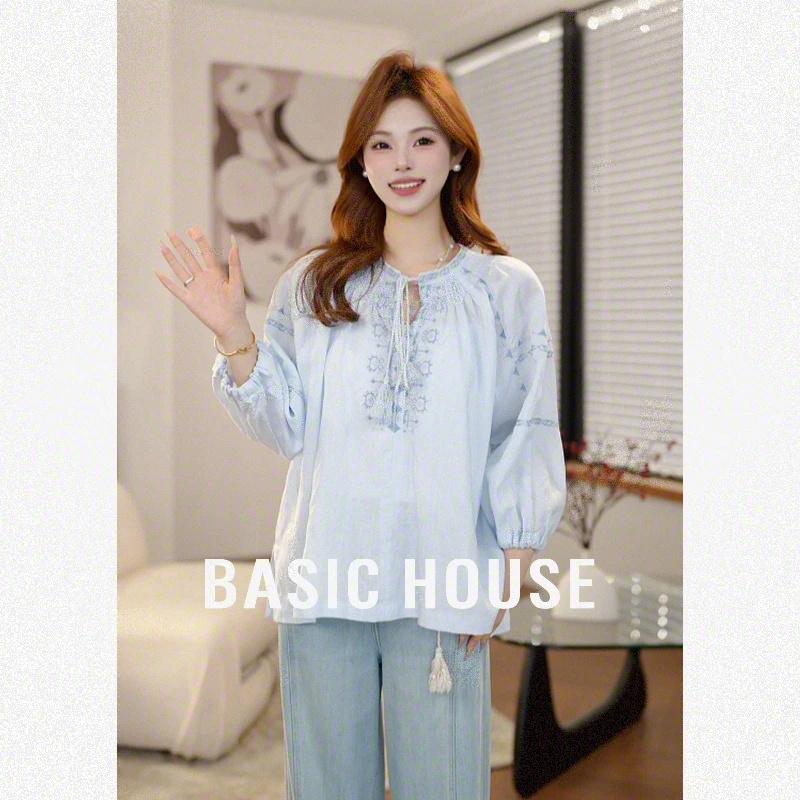 Basic House/百家好夏季新款欧若风时尚抽绳松紧领口衬衫B5L842