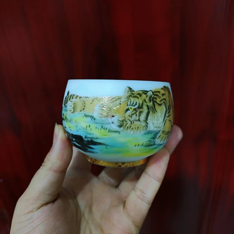卧虎高端茶器主人杯品茗杯手绘白瓷磨砂金杯大容量茶器茶杯水杯