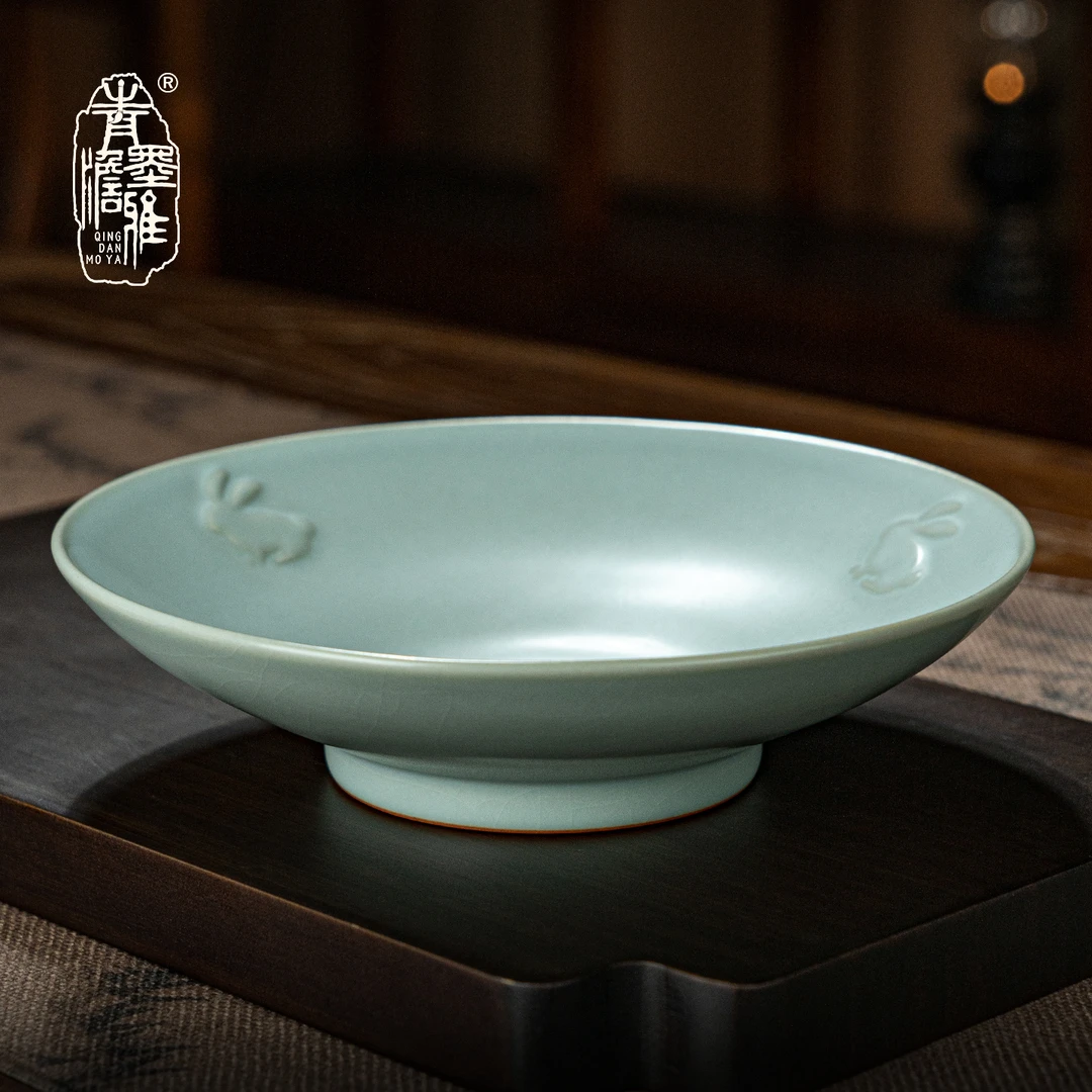 青澹墨雅汝窑玉兔壶承320ml 复古干泡台茶盘景德镇陶瓷青瓷中式礼