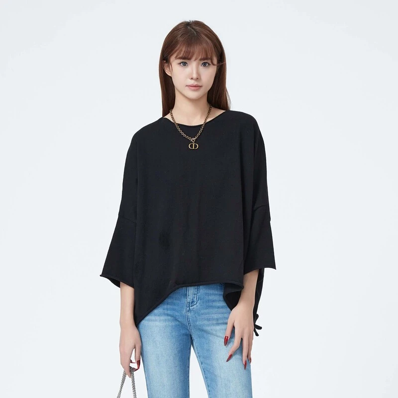 sdeer圣迪奥女装时尚休闲一字领拼接不规则宽松针织衫S23483516