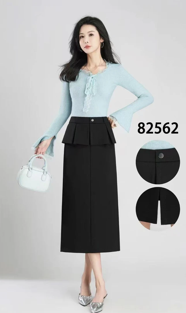 【82562】月#黑色设计感时尚直筒开叉半身裙