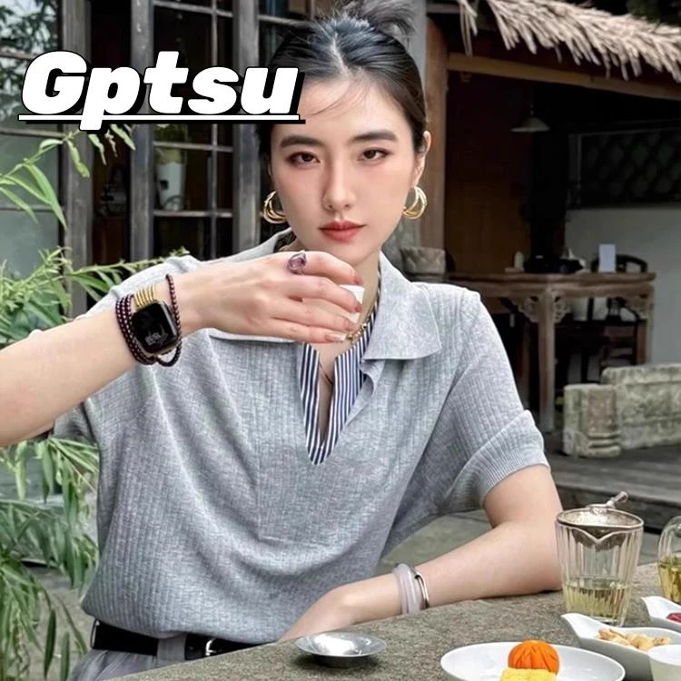 GPTSu法式老钱风独特翻领短袖针织衫女夏季设计感宽松拼接t恤上衣