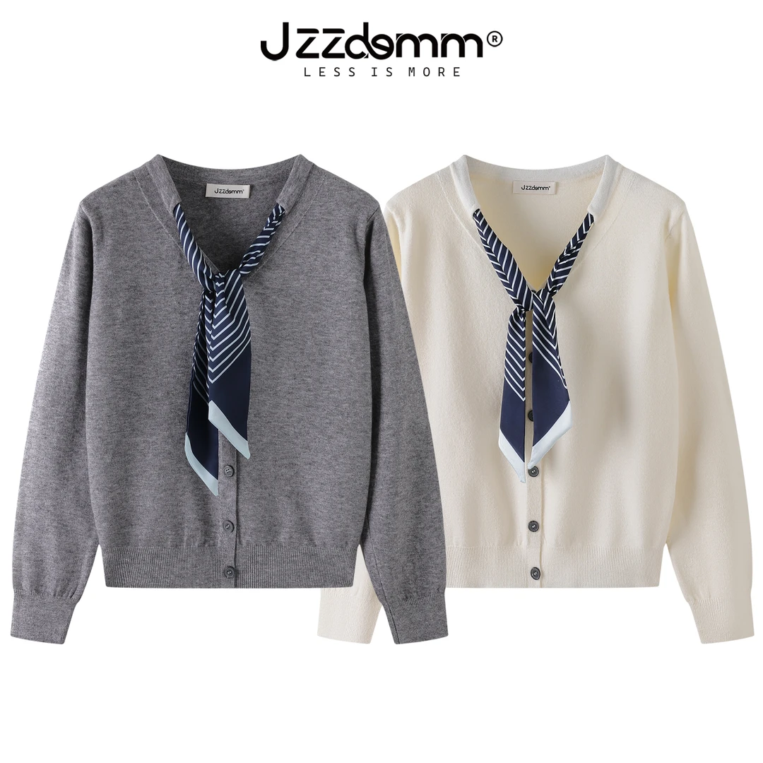 九州诚品/JZZDEMM条纹丝巾领结开衫女早秋新款时尚针织外套上衣潮