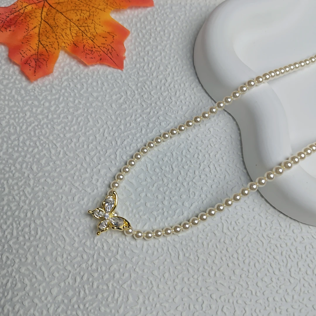 铜合金仿珍珠项链 金色蝴蝶4㎜珠珠秀气甜美仙女法式仙气时尚精致