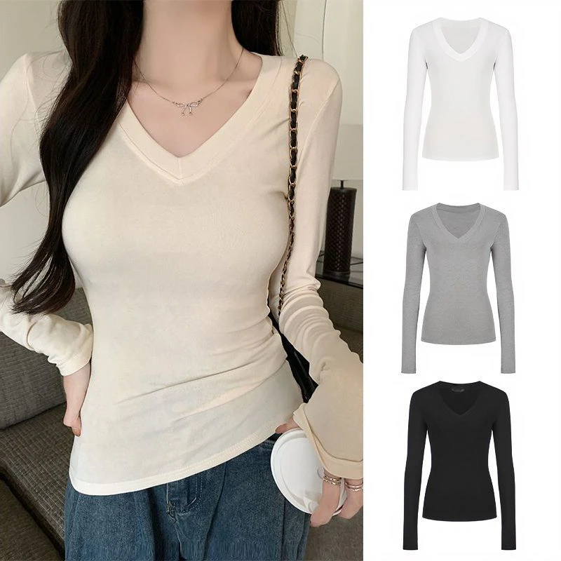 杏色V领正肩长袖t恤女2025新款初秋季内搭打底衫辣妹紧身收腰上衣