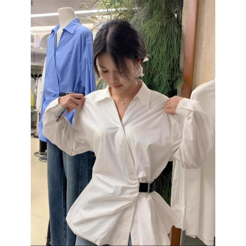 开春小众穿搭韩系白色翻领收腰衬衫2025新款漂亮小衫气质显瘦上衣