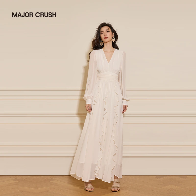 MAJOR CRUSH裙子秋冬款纯白之恋收腰优雅显瘦气质大摆连衣裙6683