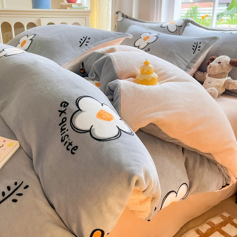 冬季牛奶绒床上四件套双面加绒加厚法兰珊瑚绒床单被套被罩三件套