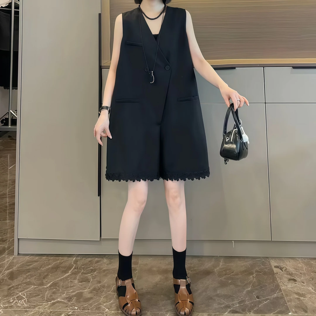 法式V领立体花朵连体衣女2025夏季新款大码胖MM高级感显瘦连体裤