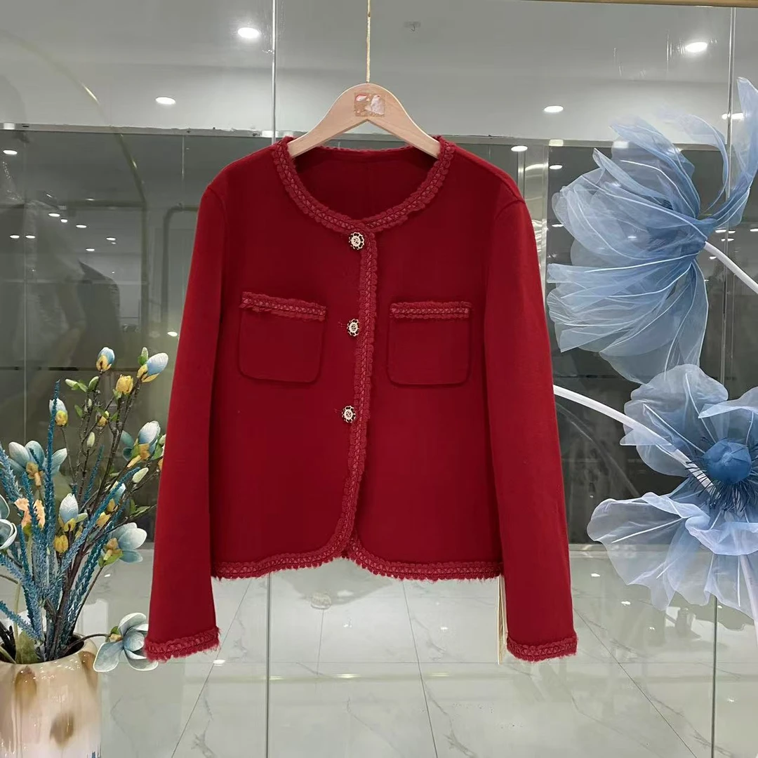 【HS202】2025春秋新款女装时尚圆领长袖短外套双面羊毛小香风上衣