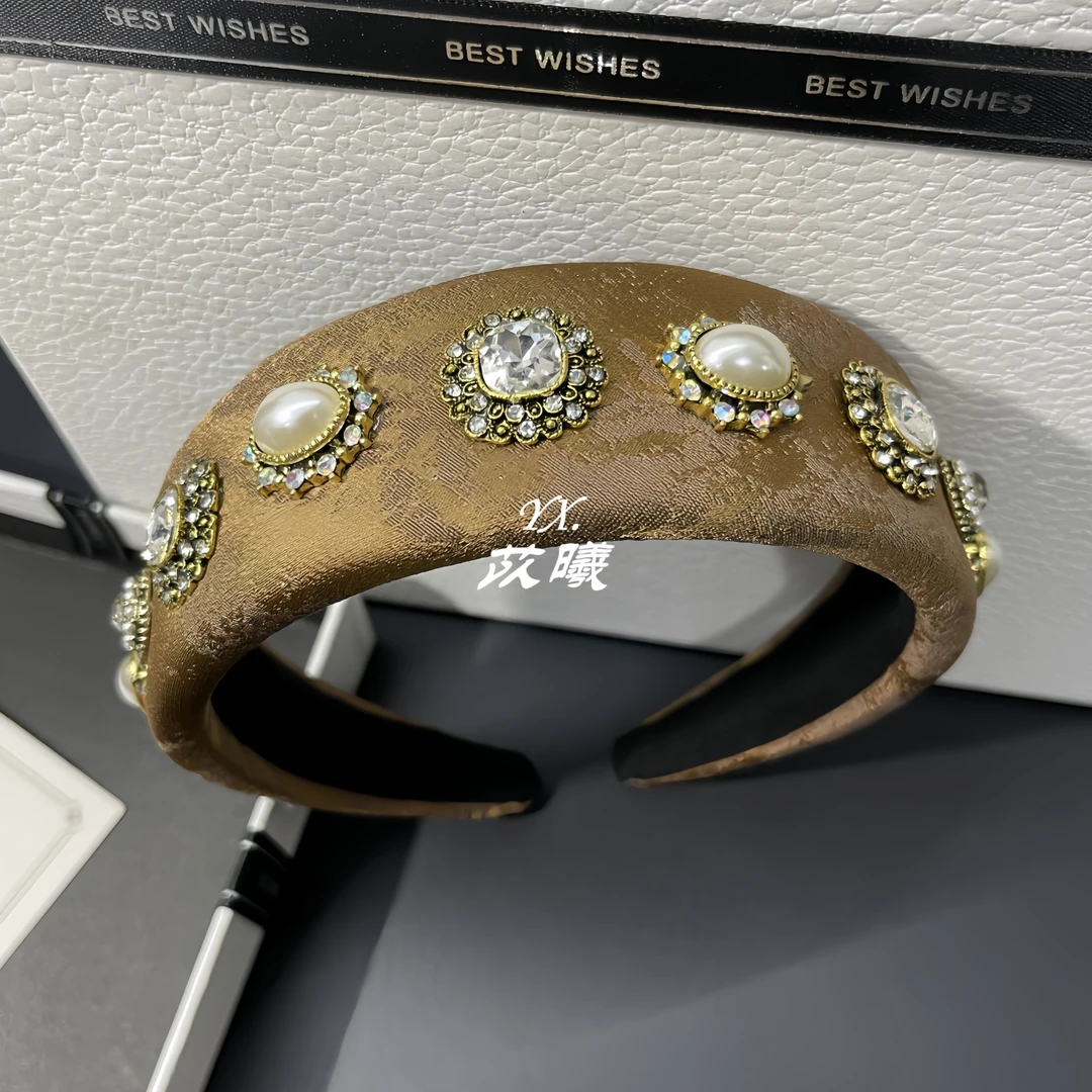 中古高级感咖色超闪水钻发箍轻奢复古宫廷水钻珍珠头箍时尚发卡女