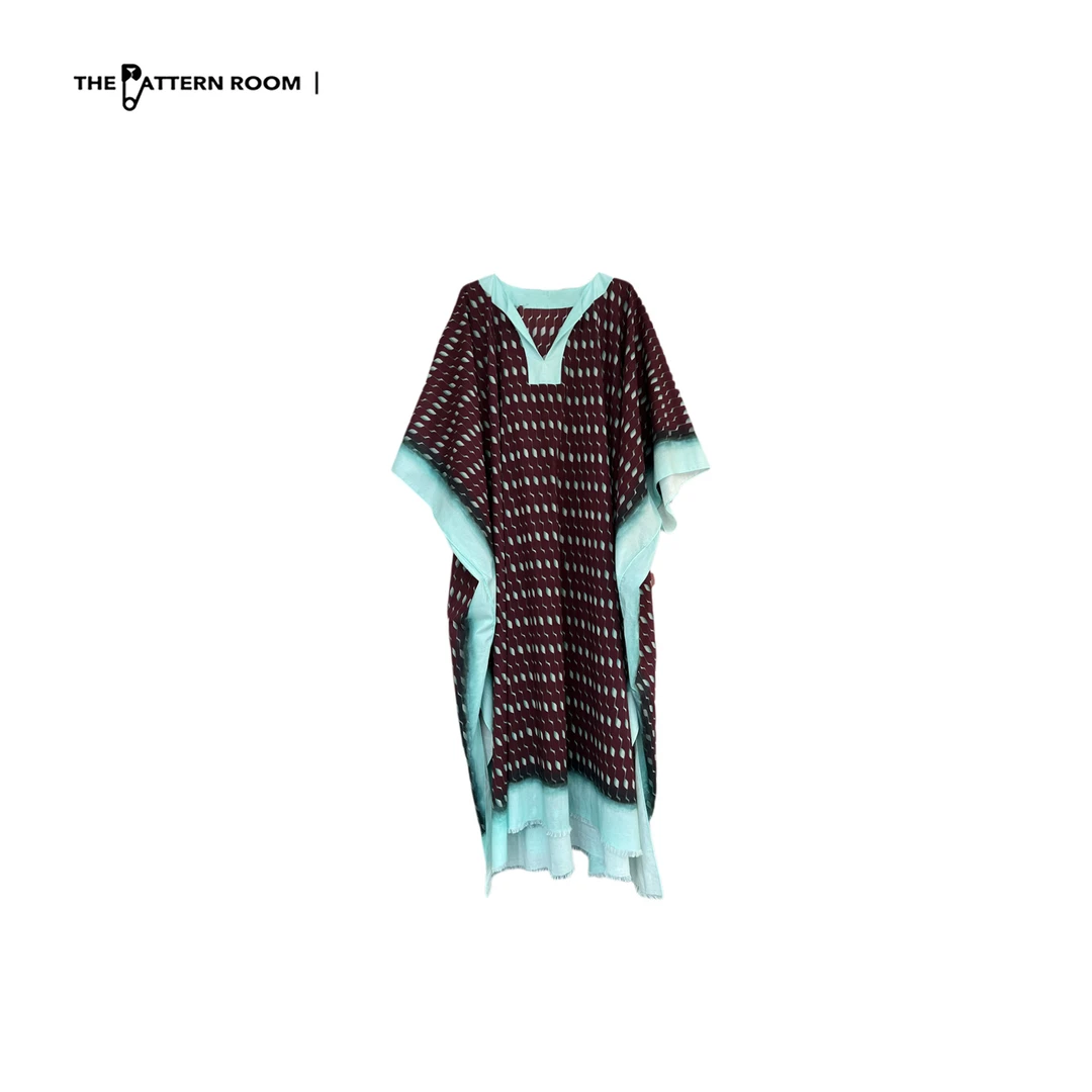 The pattern room | 韵律几何撞色波普赭红渐变蓝磨边袍子裙