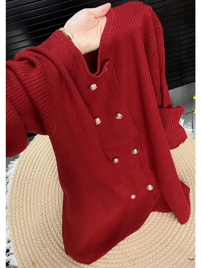 小香风针织开衫外套女秋冬季2025新款法式气质圆领双排扣红色毛衣
