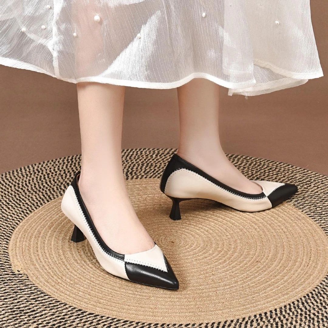 专柜羊皮高跟鞋女夏2025年新款细跟尖头裸色不累脚职业气质名媛法