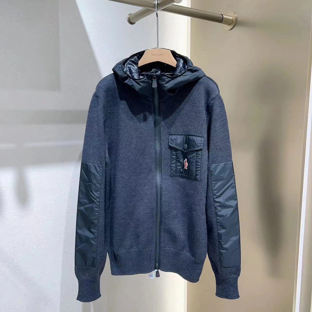 全新未使用Moncler盟可睐 9B00013 男深灰色徽标针织拼料连帽外套