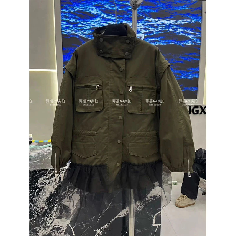 欧货2025新款欧洲站秋冬立领中长款工装风蕾丝棉服长袖多口袋设计