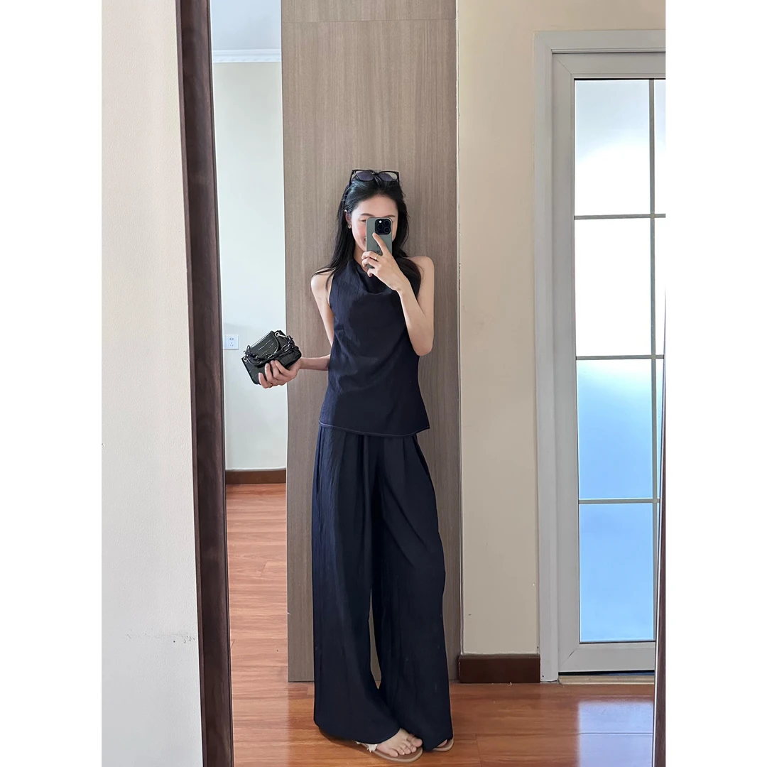 韩系松弛感宽松无袖荡领背心夏季新款垂感高腰休闲阔腿裤两件套装