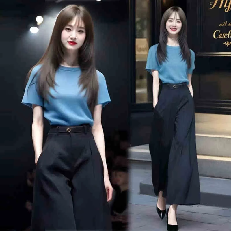 小个子气质时尚夏季套装女高腰九分裤搭配短袖上衣轻熟减龄时髦