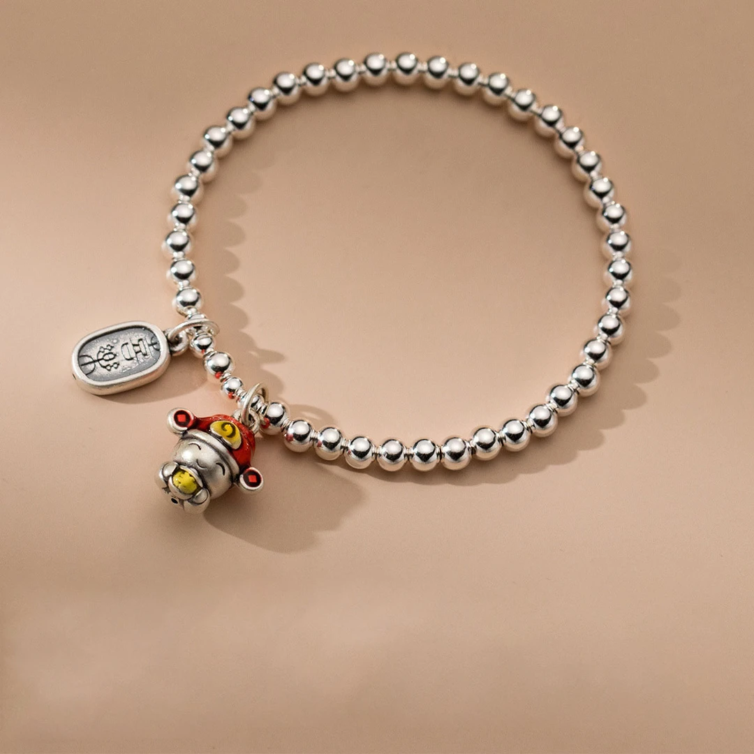 足银手链 999.9【10】25g 新款6mm财神喜乐复古个性光珠中国风手链