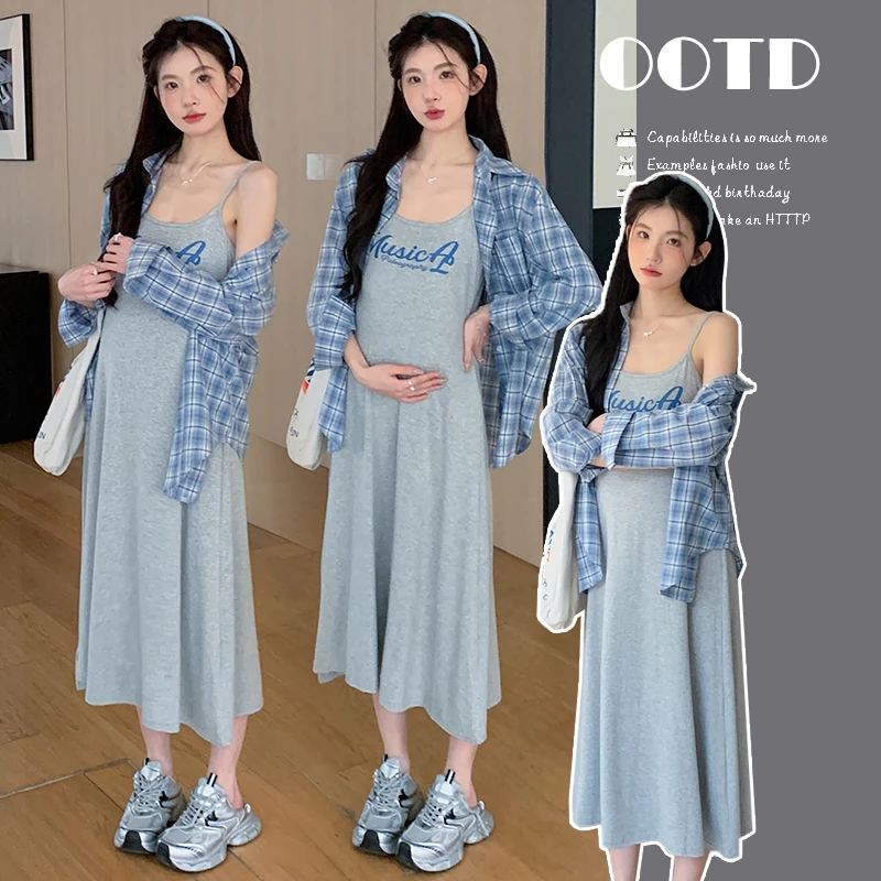 2025春夏套装韩版时尚宽松格子衬衫＋灰色吊带裙宽松两件套裙子女
