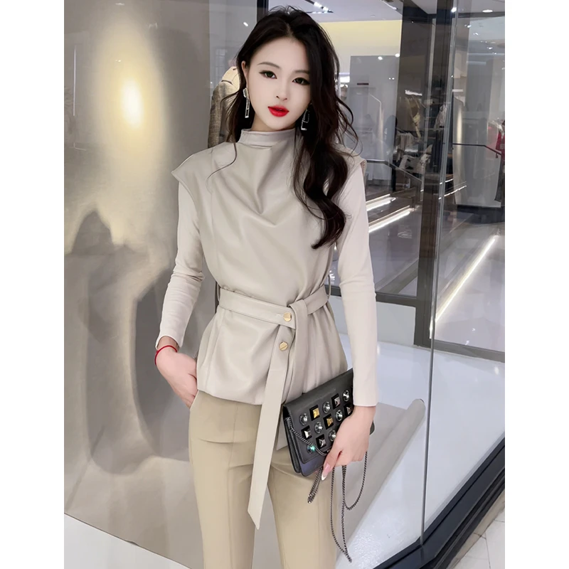 格润雅温柔风修身针织上衣2025新款别致气质皮衣马甲高腰显瘦裤子