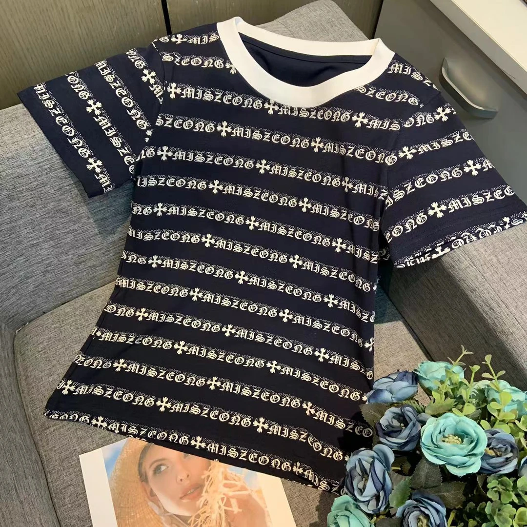 新款百搭轻奢印花短袖上衣女X9056