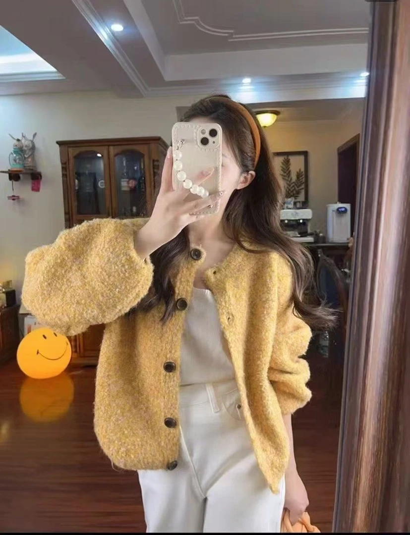 黄色花杂圈圈毛针织开衫女秋冬新款宽松小众设计感减龄毛衣外套潮