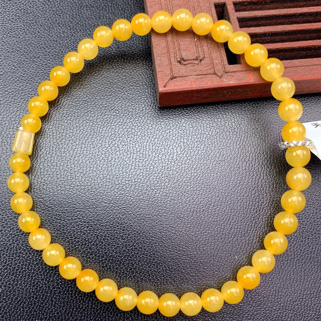 四会 缅甸A货翡翠冰种黄色鸡油黄翡小米珠圆珠手链手串T/4-4.7mm
