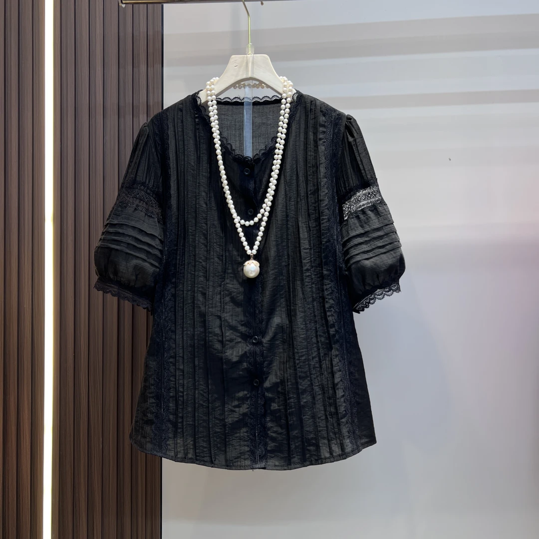 法式宽松夏季气质镂空蕾丝百搭流苏衬衫提花时尚1518