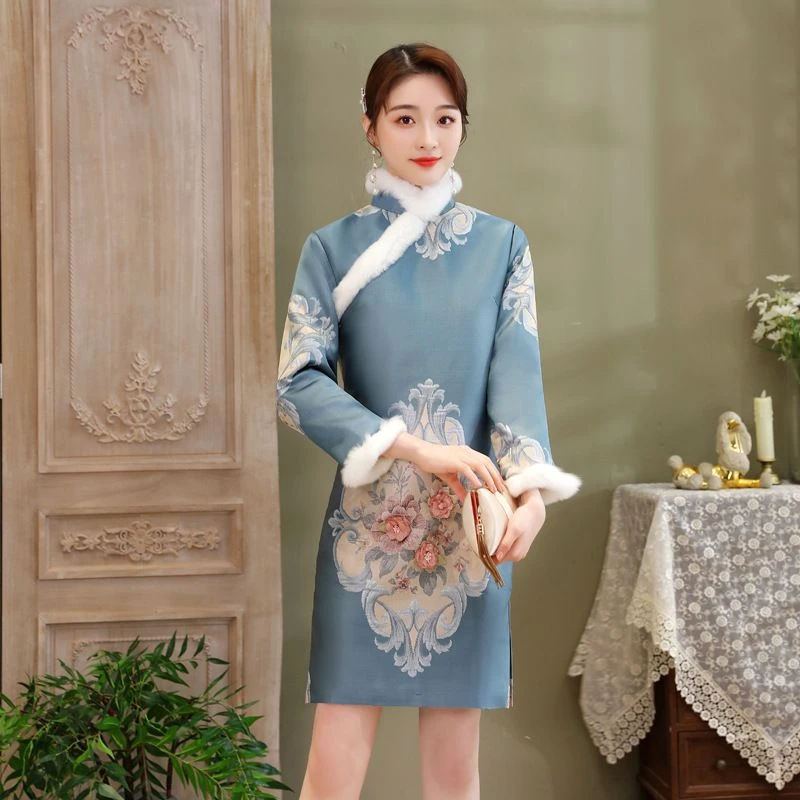 厚款提花旗袍裙冬季加绒新中式中国风连衣裙显瘦中长款蓝色裙子