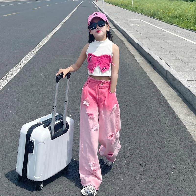 女童破洞渐变牛仔裤夏季2025新款中大童薄款网红时尚宽松高腰裤潮