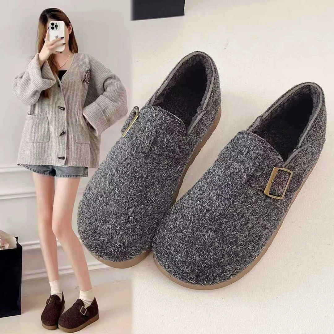 冬季新品勃肯鞋女鞋外穿复古加绒加厚保暖平底两穿懒人休闲鞋棉鞋