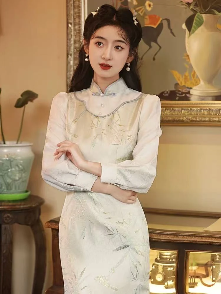 年轻款重工秋款改良款提花『竹韵清雅』旗袍