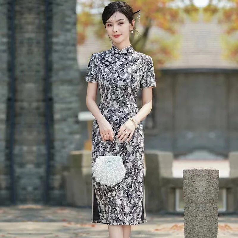 （804）初秋款 黑白色 有弹力 中长款旗袍 单层 长度约110cm中国风