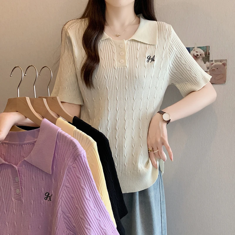 4064大码女装2025夏装新款宽松刺绣针织上衣胖mm百搭冰丝短袖T恤