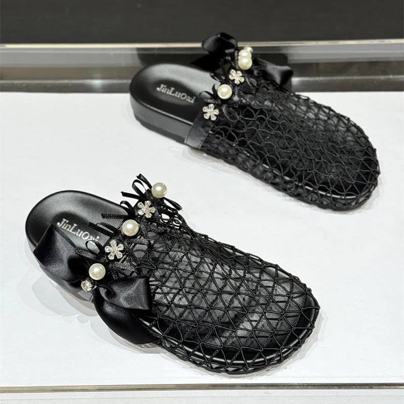 网红镂空小众设计感包头半拖女新款夏平底透气网面外穿凉拖鞋