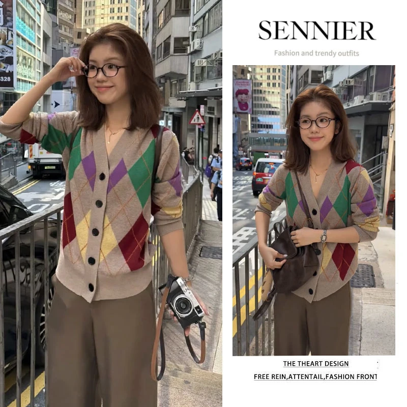 时尚穿搭女2025秋季新款韩版百搭菱形格v领开衫阔腿休闲裤两件套