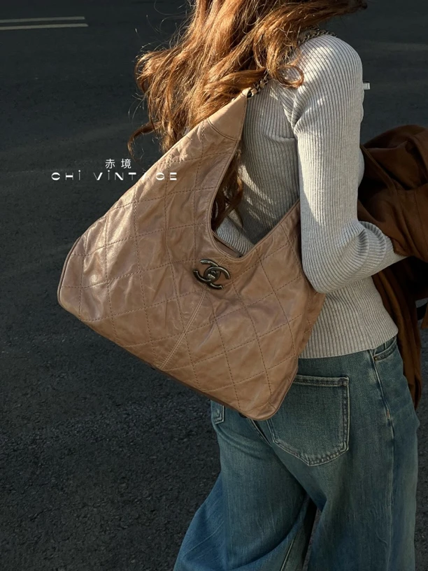 95新 Chanel/香奈儿 5294 棕色嬉皮hobo单肩包14-15
