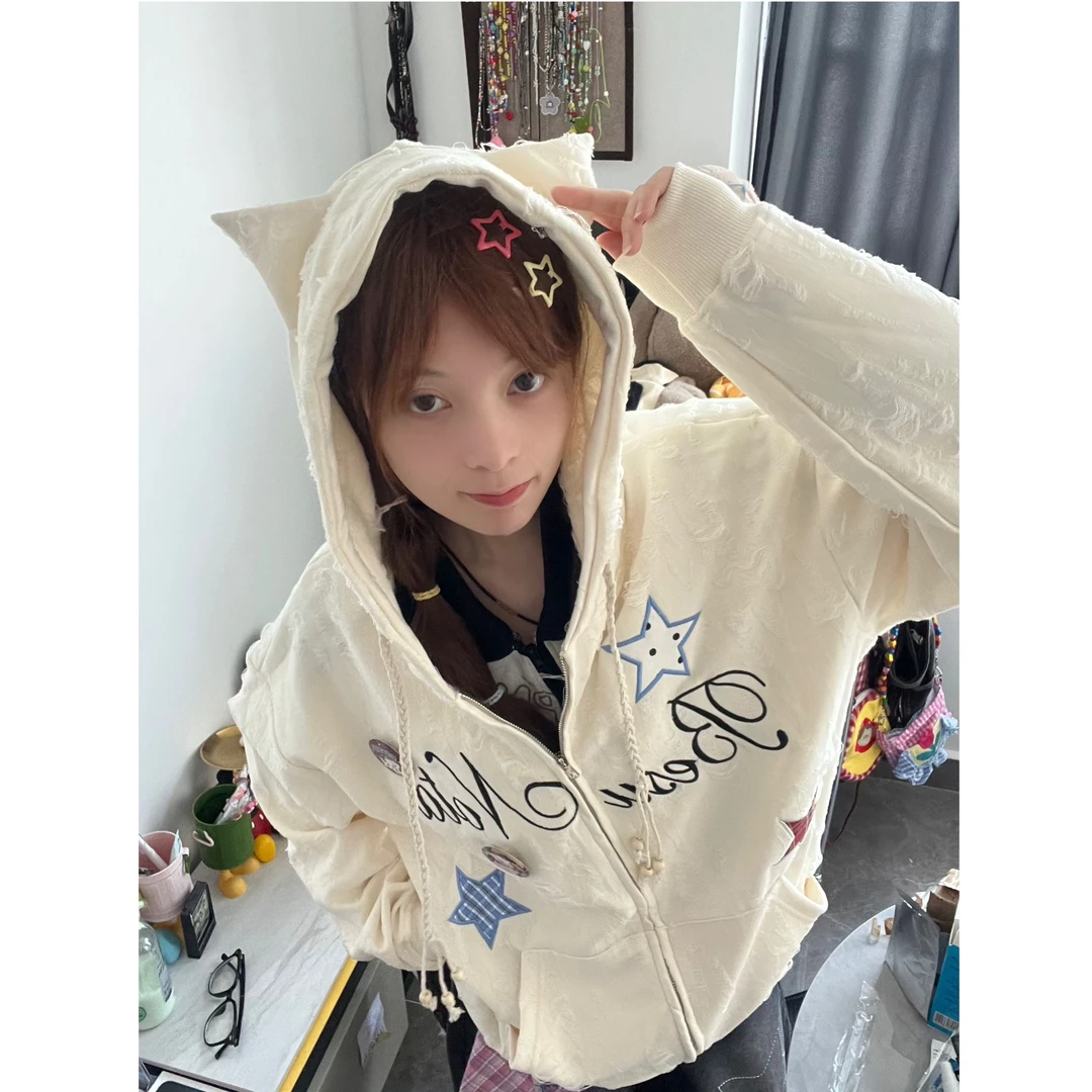 FXOP秋冬重工刺绣磨破工艺设计耳朵连帽卫衣徽章男女百搭开衫外套