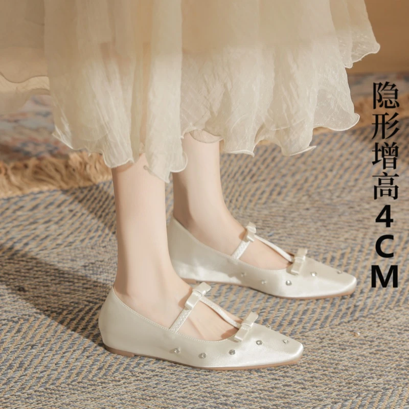 内增高小个子法式水钻玛丽珍鞋女2025新款春秋款绸缎平底百搭单鞋