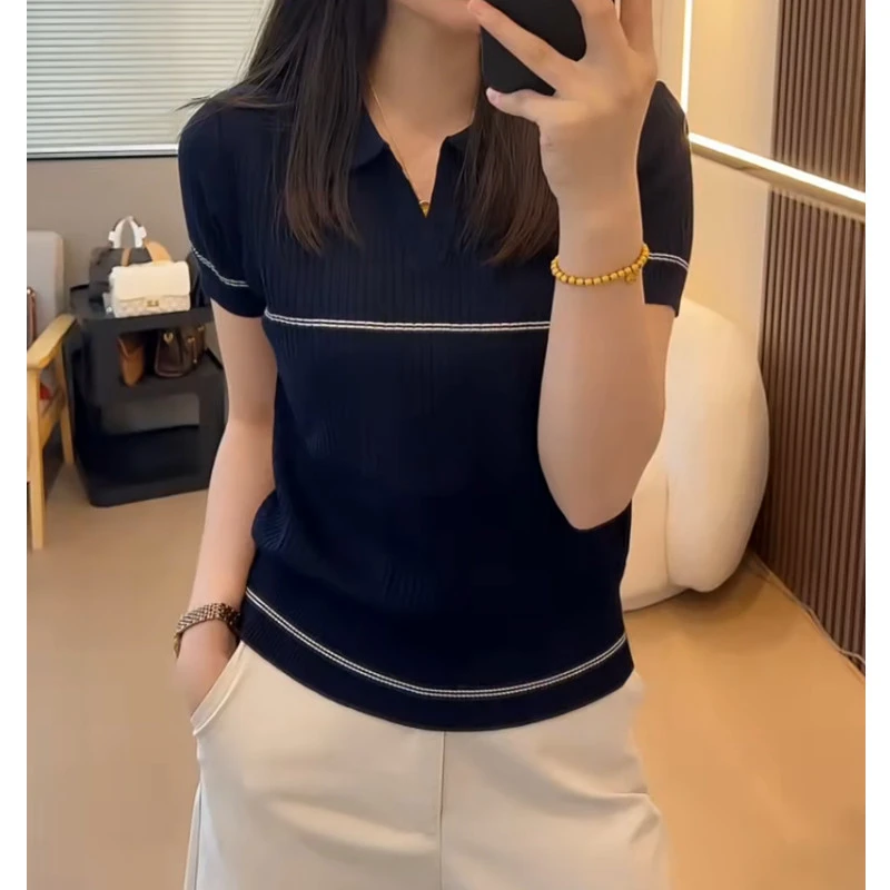 大码针织POLO衫短袖T恤女2025夏季薄款梨型身材穿搭显瘦冰丝上衣