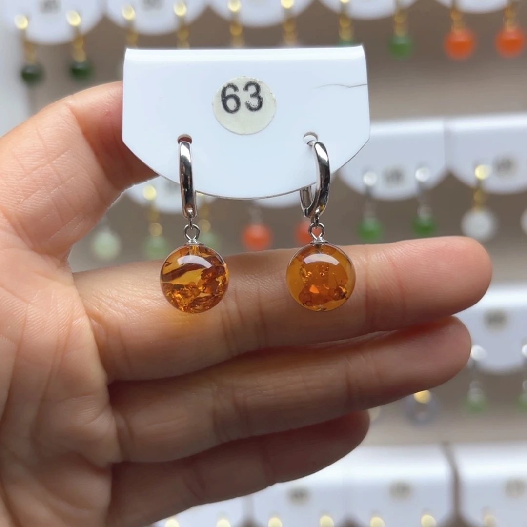 琥珀（花珀）耳饰银S925镶嵌花珀