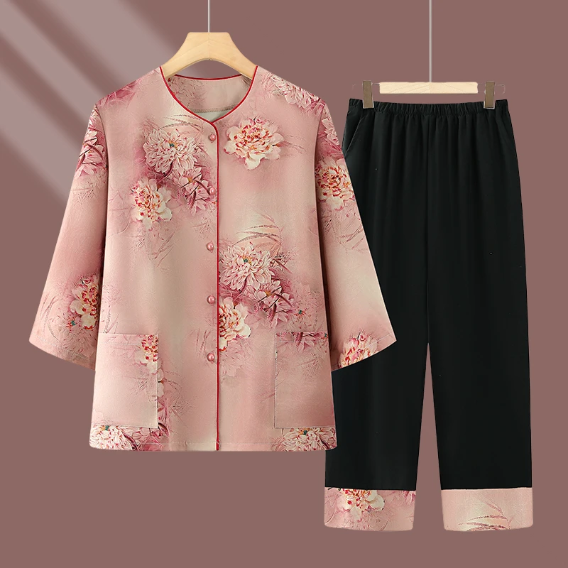 2025女装春夏洋气长袖女夏季奶奶装衬衫妈妈气质七分袖宽松套装