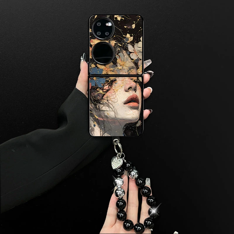 适用华为pockets手机壳繁花仙女小羊皮折叠壳全包简约保护套