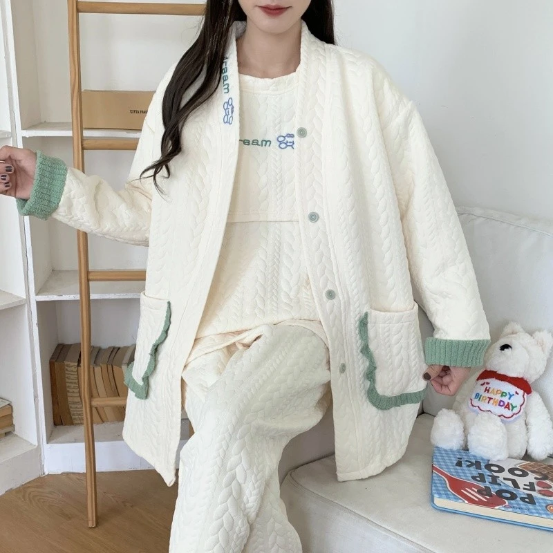 月子服秋冬款产后加厚三件套空气棉孕妇睡衣保暖期哺乳冬天家居服