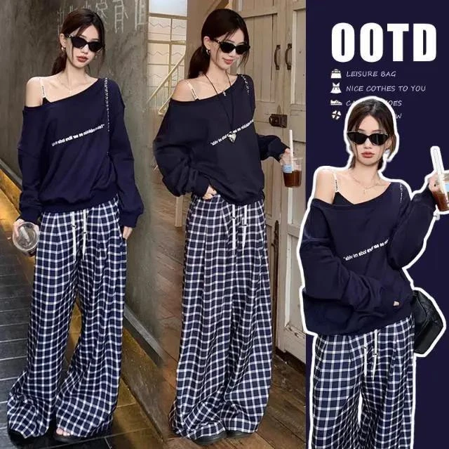 百搭斜肩卫衣小众潮流藏蓝色女美式高街长袖露肩宽松辣妹纯欲上衣