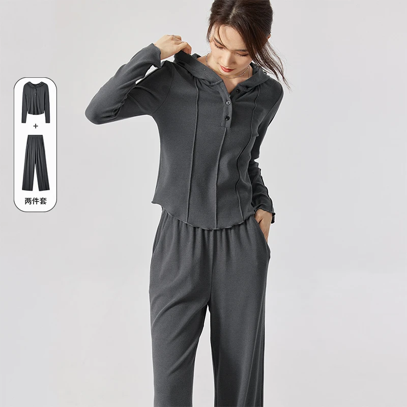 气质牙签褶连帽针织衫松紧腰显瘦阔腿裤两件套装47201