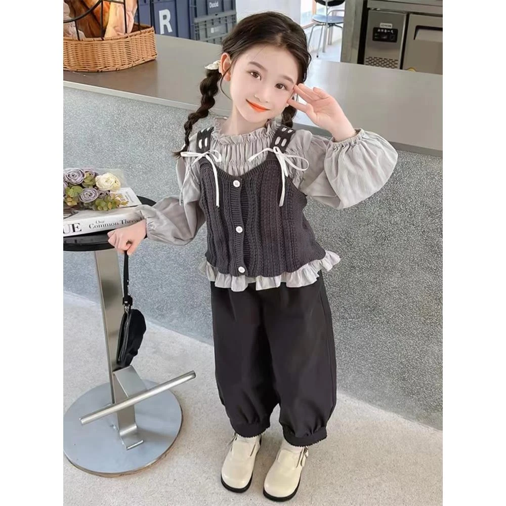 MK&UR.BV女小童秋款套装洋气女宝宝毛线马甲春秋小女孩香风三件套