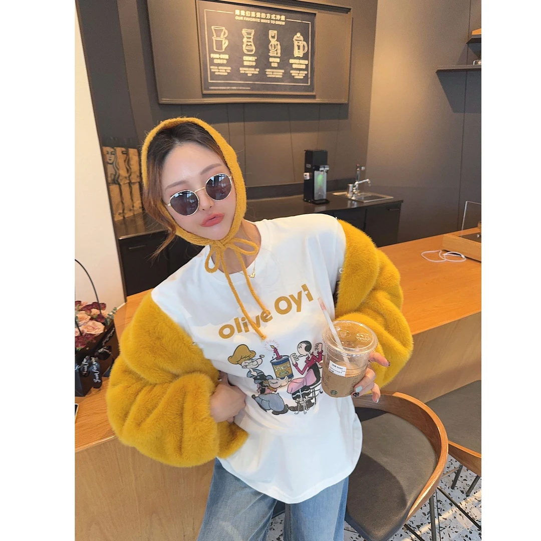 智英欧尼 经典T恤【卡通印花白色长款圆领韩版秋冬厚款】